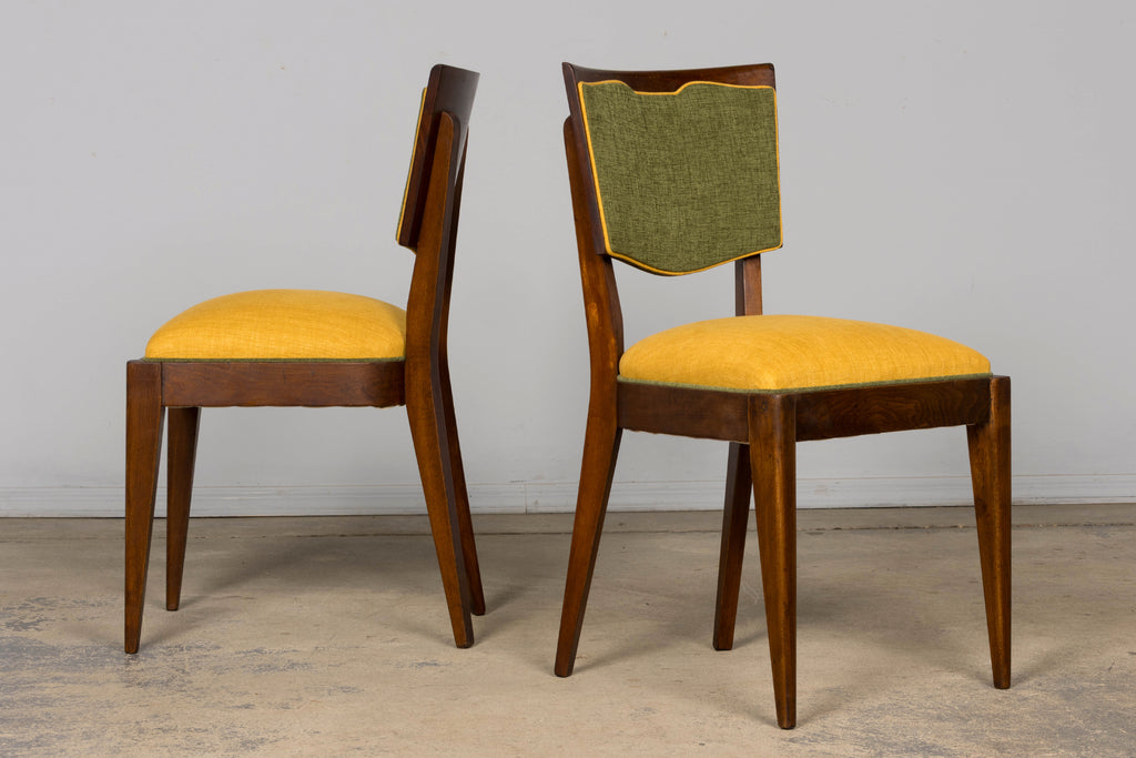 Set of 6 French Art Deco Maple Dining Chairs in Yellow and Moss Green, 1930s