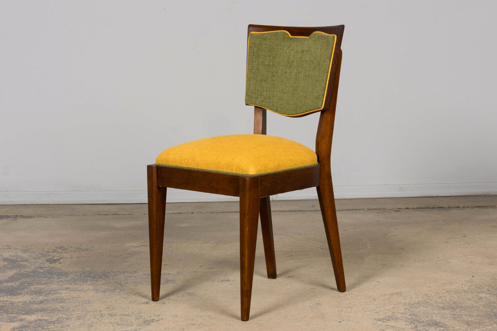 Set of 6 French Art Deco Maple Dining Chairs in Yellow and Moss Green, 1930s
