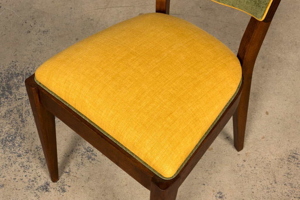 Set of 6 French Art Deco Maple Dining Chairs in Yellow and Moss Green, 1930s