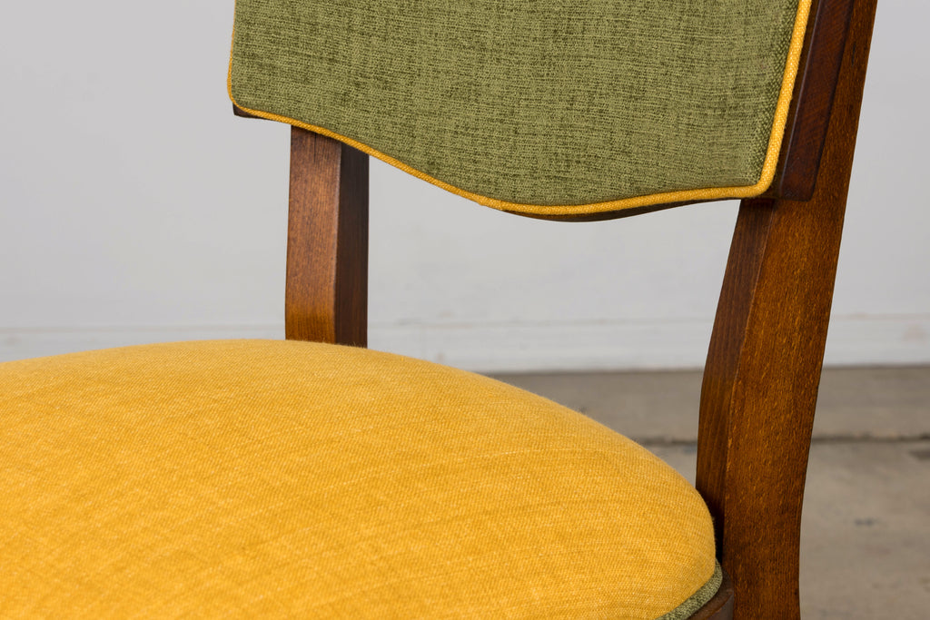 Set of 6 French Art Deco Maple Dining Chairs in Yellow and Moss Green, 1930s