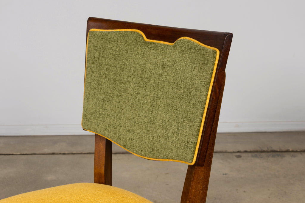 Set of 6 French Art Deco Maple Dining Chairs in Yellow and Moss Green, 1930s