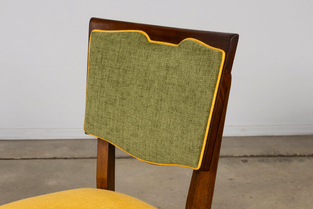 Set of 6 French Art Deco Maple Dining Chairs in Yellow and Moss Green, 1930s