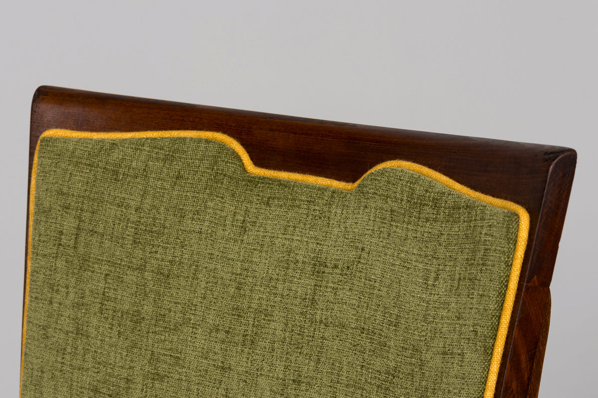 Set of 6 French Art Deco Maple Dining Chairs in Yellow and Moss Green, 1930s