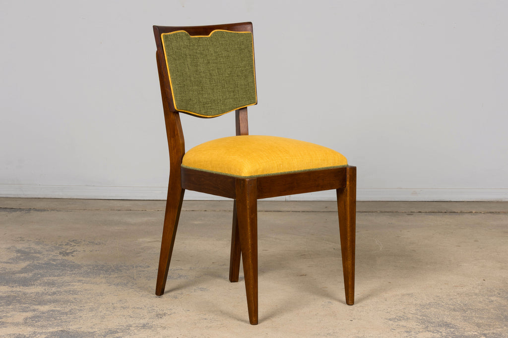 Set of 6 French Art Deco Maple Dining Chairs in Yellow and Moss Green, 1930s
