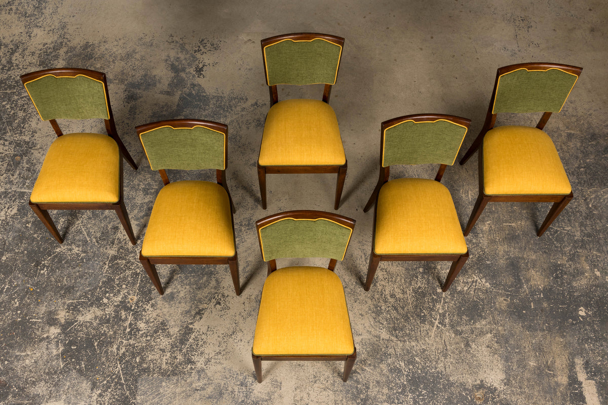 Set of 6 French Art Deco Maple Dining Chairs in Yellow and Moss Green, 1930s