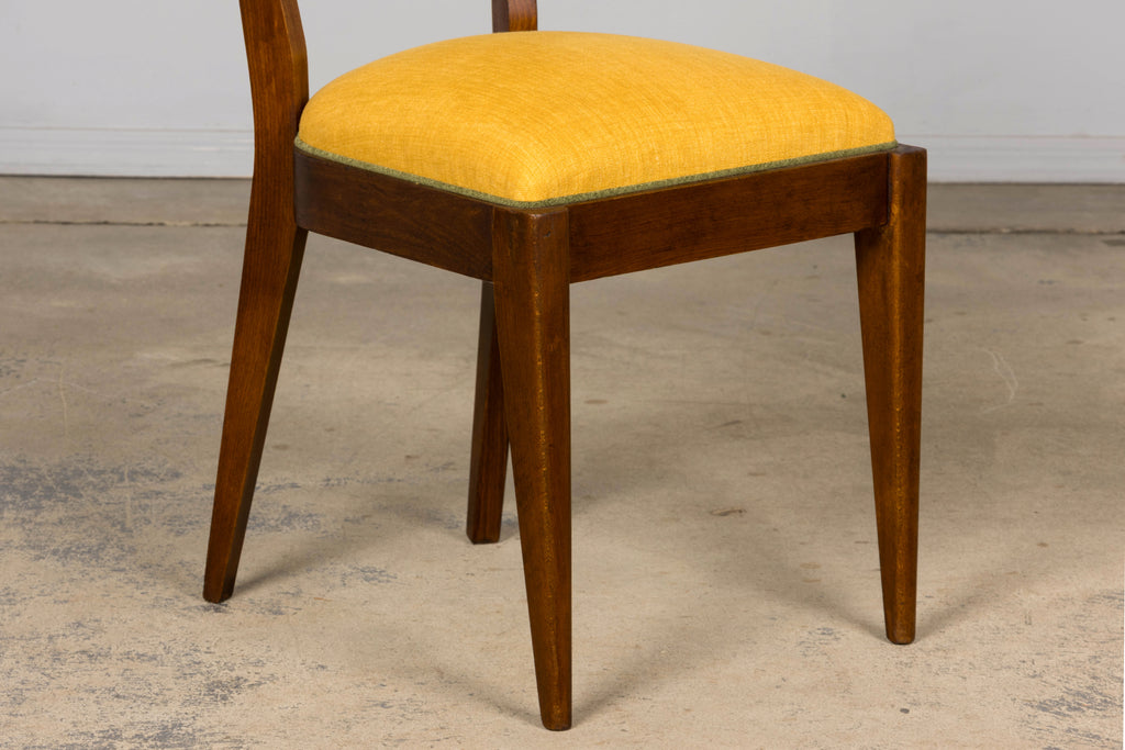 Set of 6 French Art Deco Maple Dining Chairs in Yellow and Moss Green, 1930s