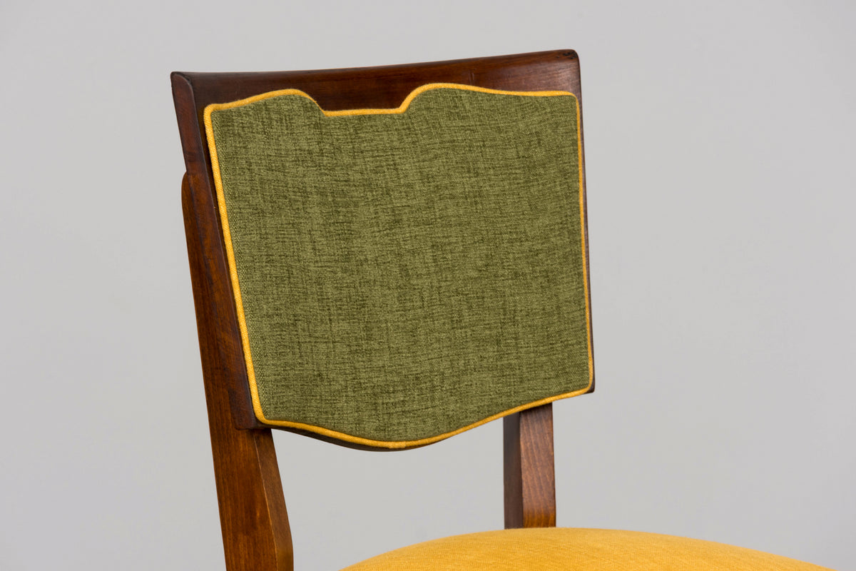 Set of 6 French Art Deco Maple Dining Chairs in Yellow and Moss Green, 1930s