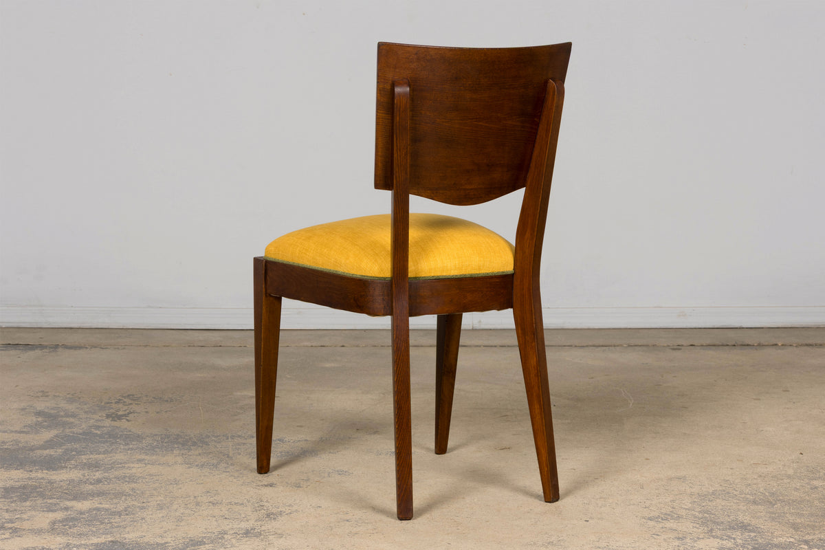Set of 6 French Art Deco Maple Dining Chairs in Yellow and Moss Green, 1930s