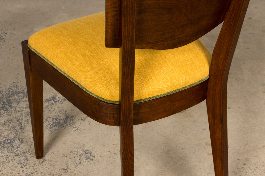 Set of 6 French Art Deco Maple Dining Chairs in Yellow and Moss Green, 1930s