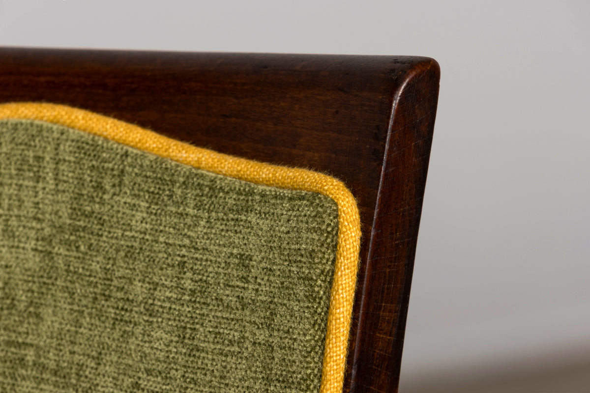 Set of 6 French Art Deco Maple Dining Chairs in Yellow and Moss Green, 1930s