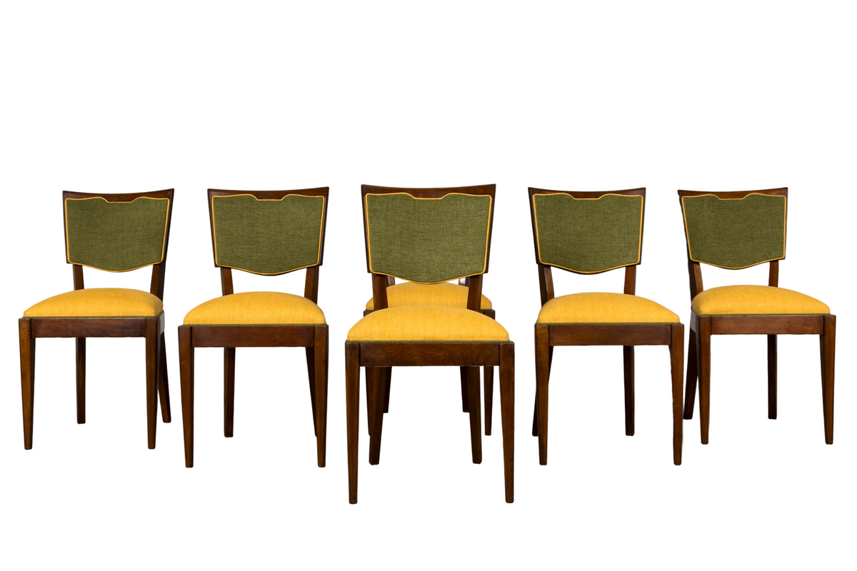 Set of 6 French Art Deco Maple Dining Chairs in Yellow and Moss Green, 1930s