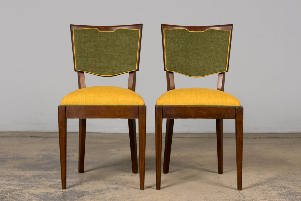 Set of 6 French Art Deco Maple Dining Chairs in Yellow and Moss Green, 1930s