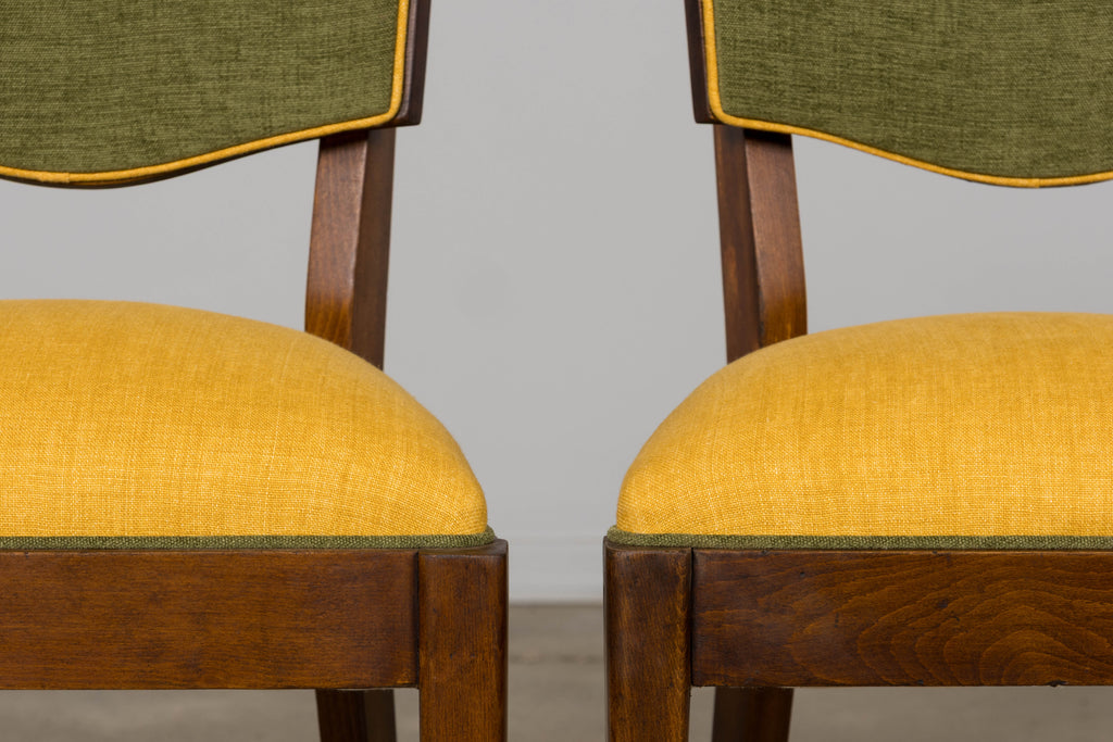 Set of 6 French Art Deco Maple Dining Chairs in Yellow and Moss Green, 1930s