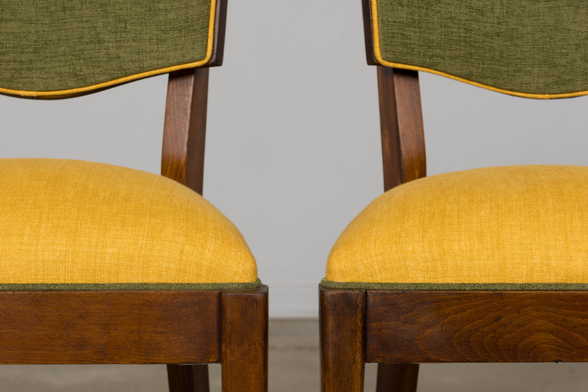 Set of 6 French Art Deco Maple Dining Chairs in Yellow and Moss Green, 1930s