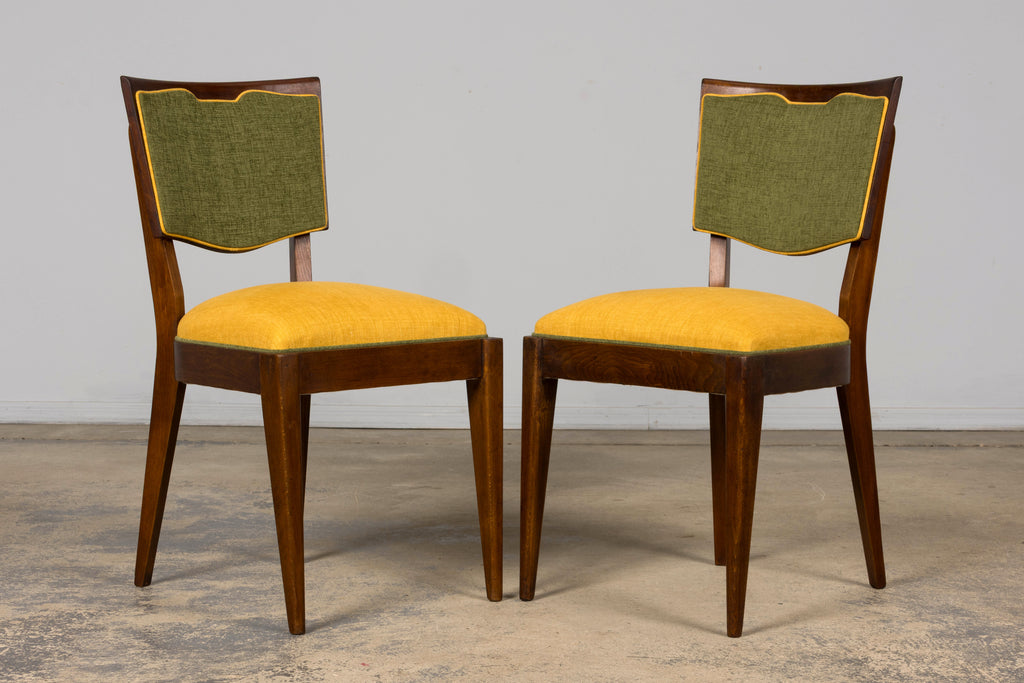 Set of 6 French Art Deco Maple Dining Chairs in Yellow and Moss Green, 1930s