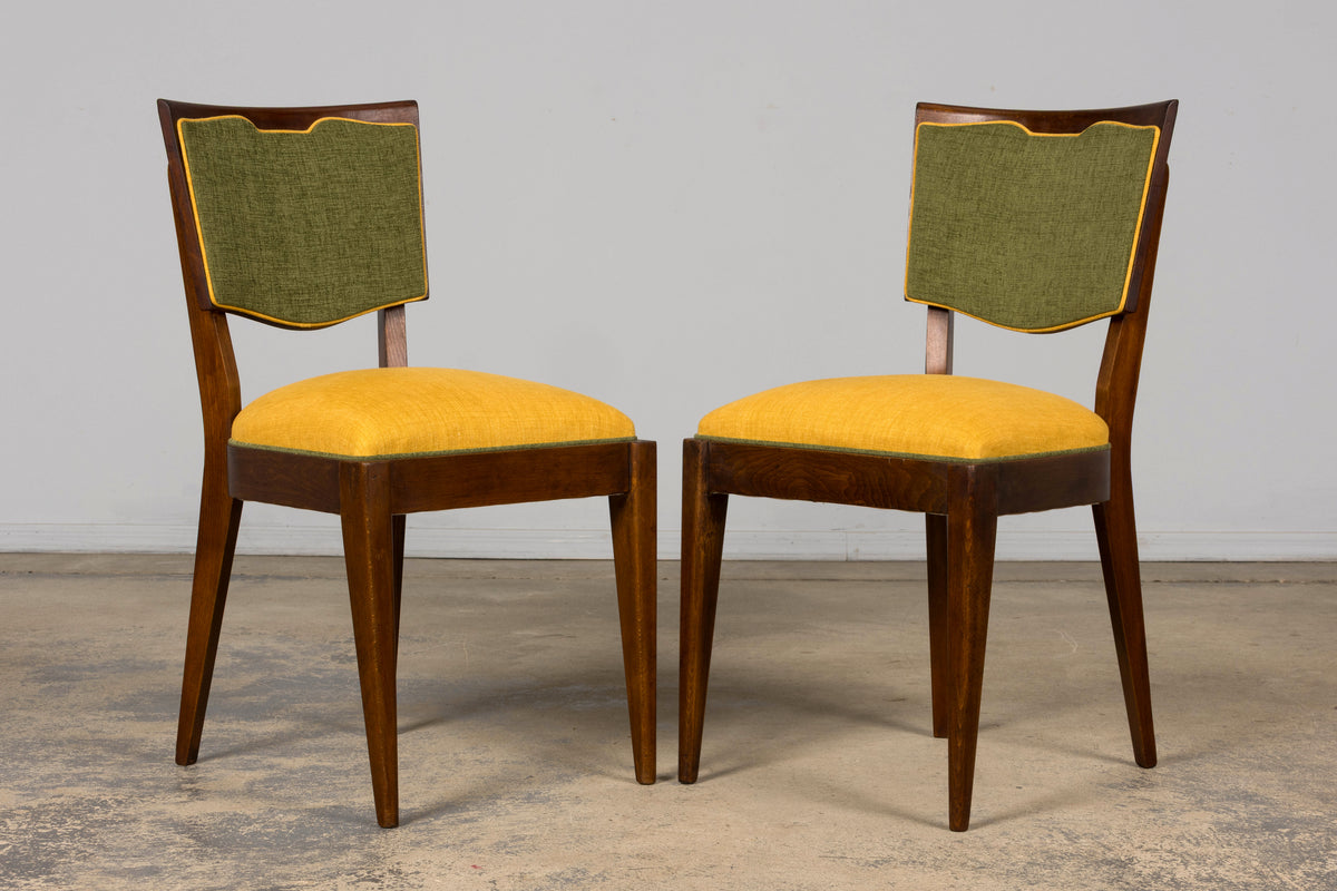 Set of 6 French Art Deco Maple Dining Chairs in Yellow and Moss Green, 1930s