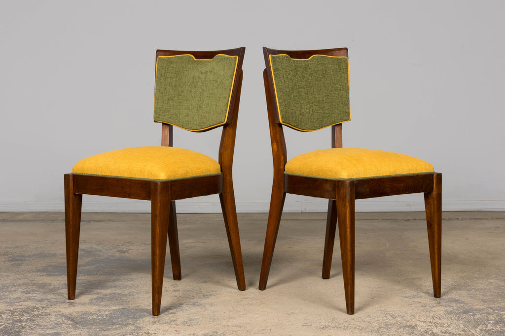 Set of 6 French Art Deco Maple Dining Chairs in Yellow and Moss Green, 1930s