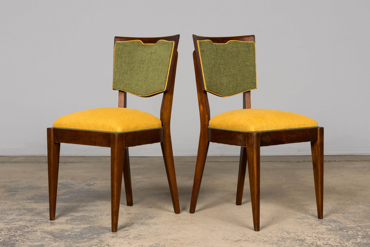 Set of 6 French Art Deco Maple Dining Chairs in Yellow and Moss Green, 1930s