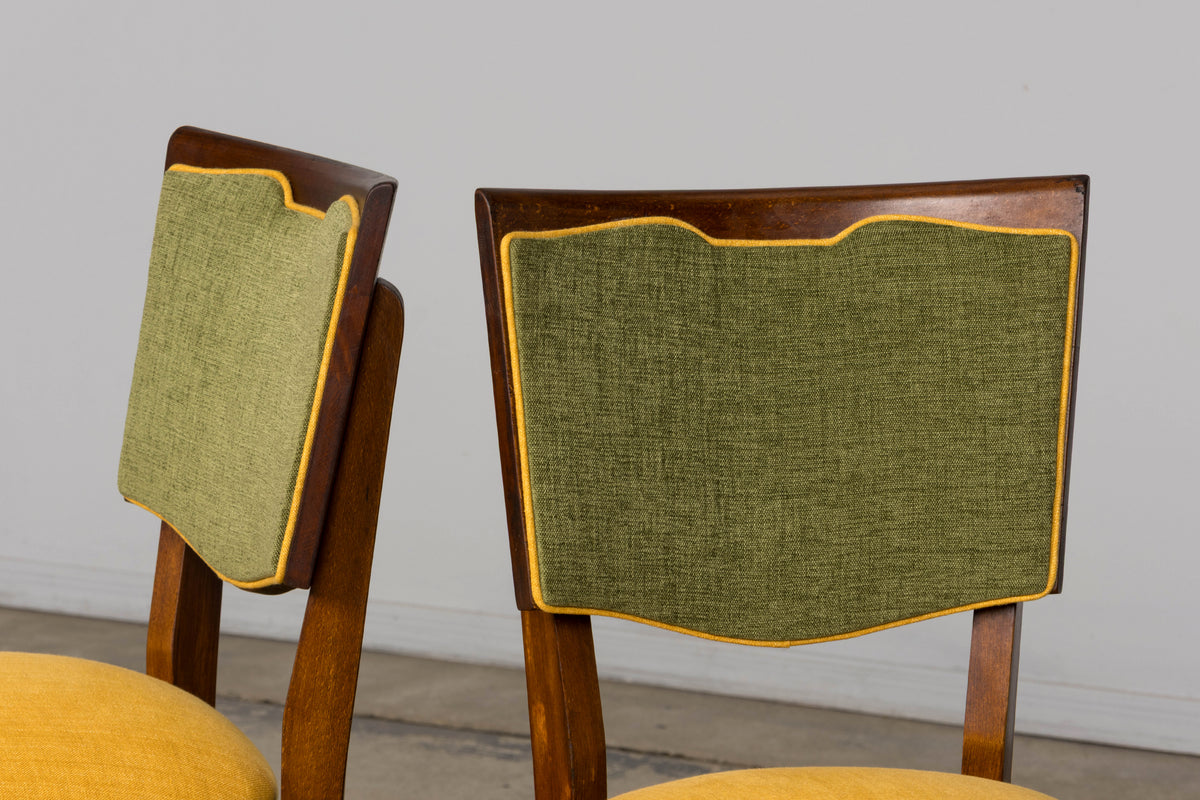 Set of 6 French Art Deco Maple Dining Chairs in Yellow and Moss Green, 1930s