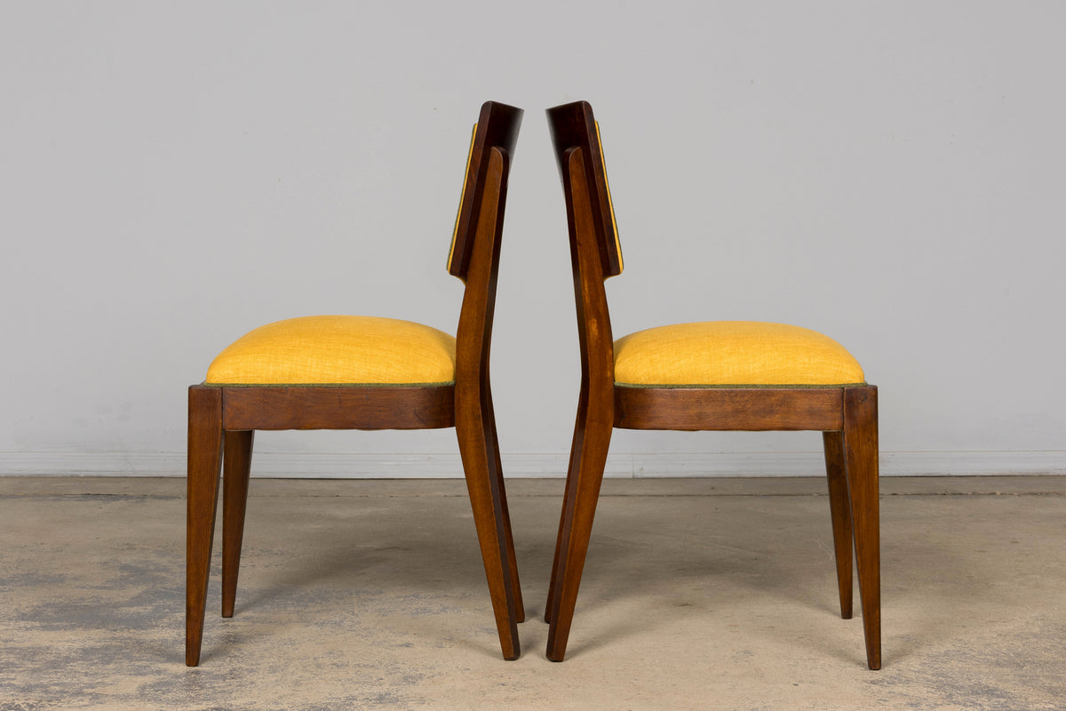 Set of 6 French Art Deco Maple Dining Chairs in Yellow and Moss Green, 1930s