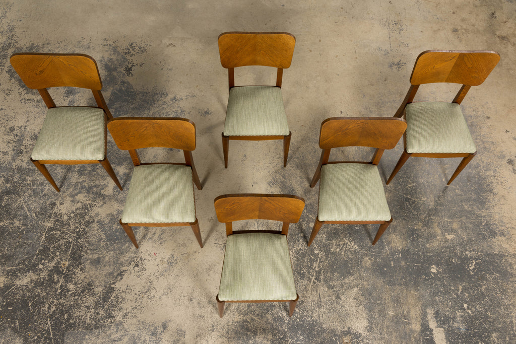 Set of Six French Art Deco Dining Chairs, Oak & Chenille, 1930s