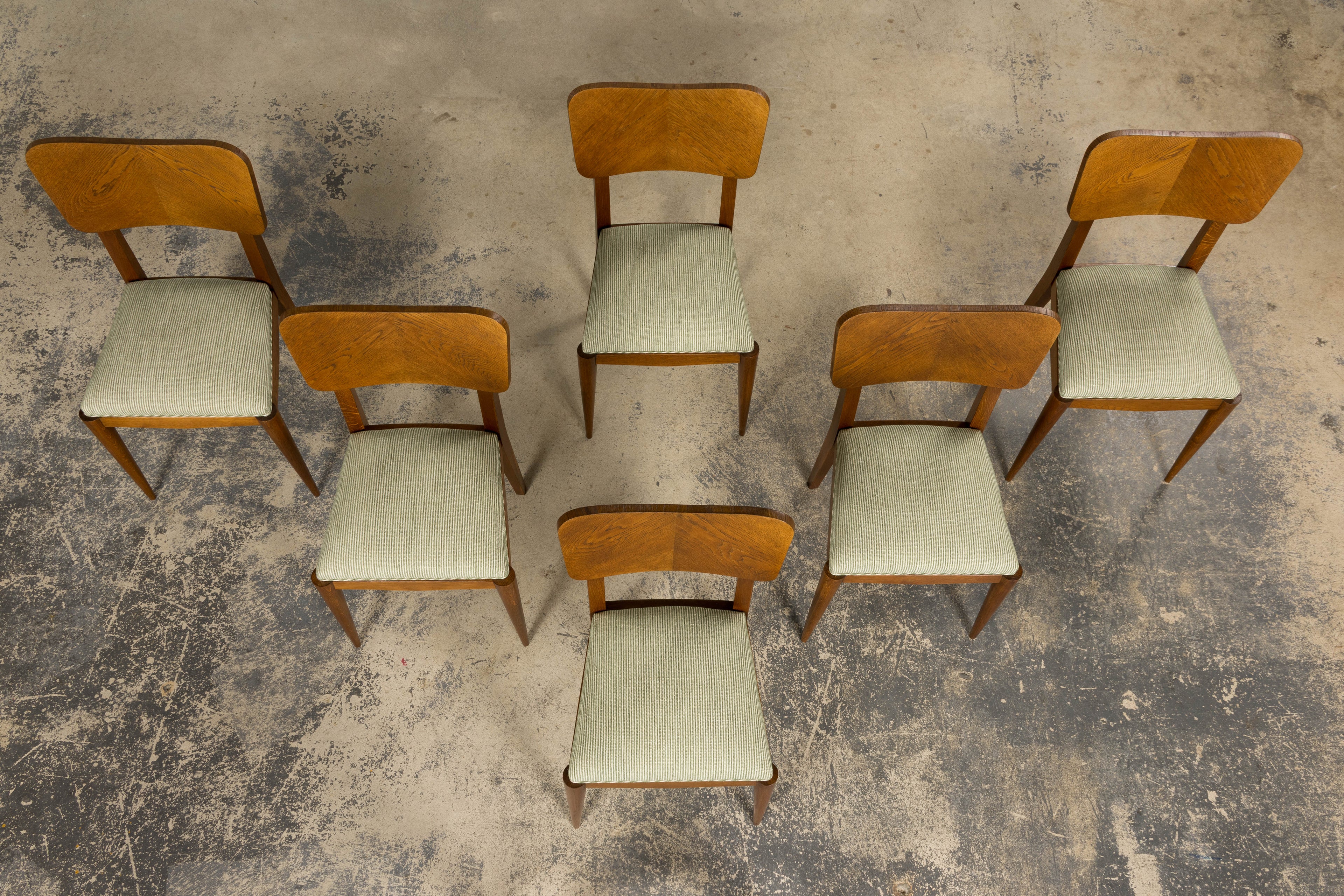 Set of Six French Art Deco Dining Chairs, Oak & Chenille, 1930s