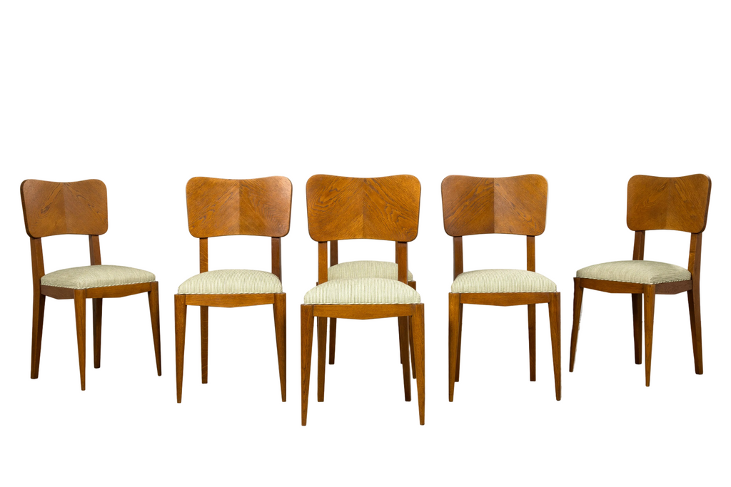 Set of Six French Art Deco Dining Chairs, Oak & Chenille, 1930s