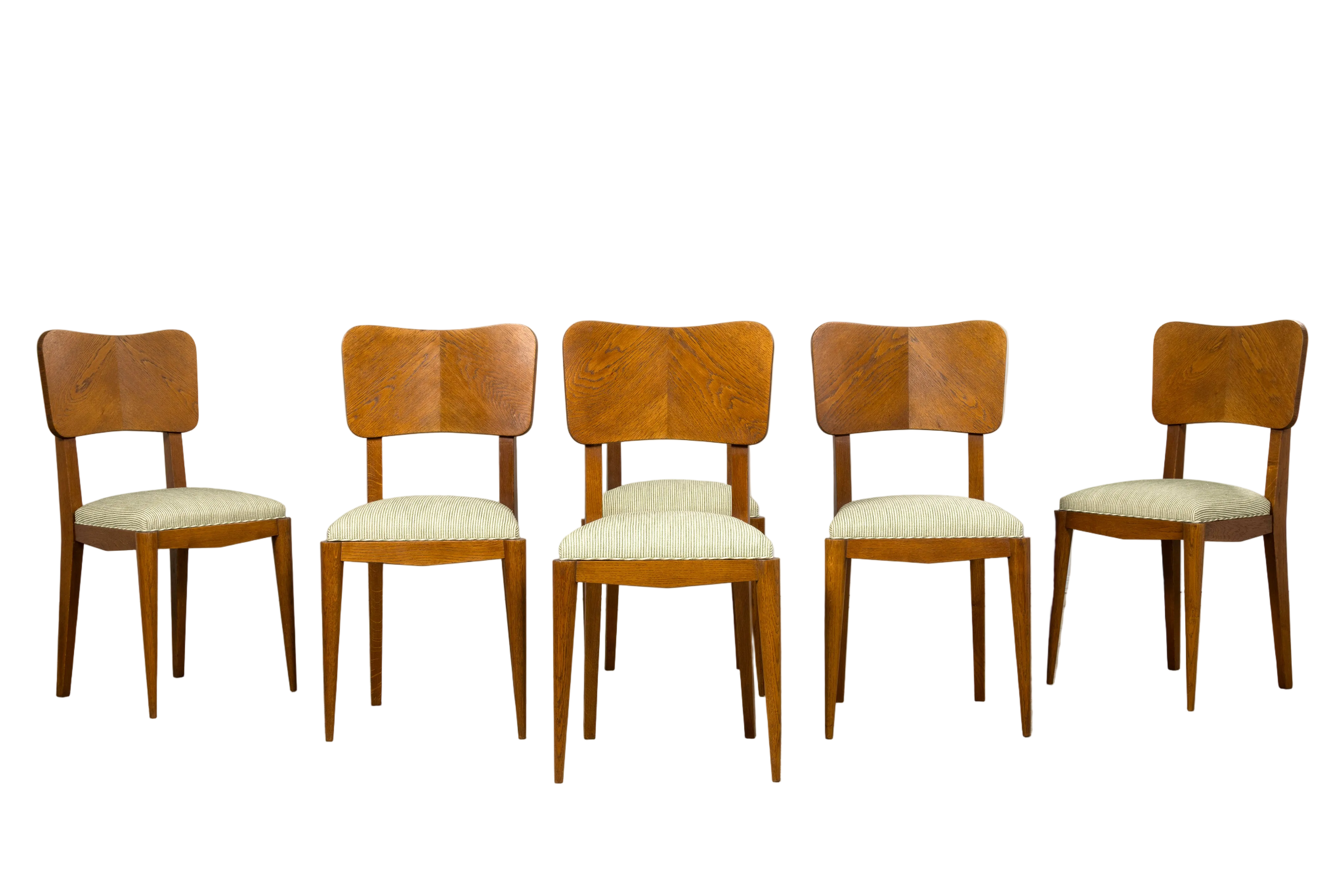 Set of Six French Art Deco Dining Chairs, Oak & Chenille, 1930s