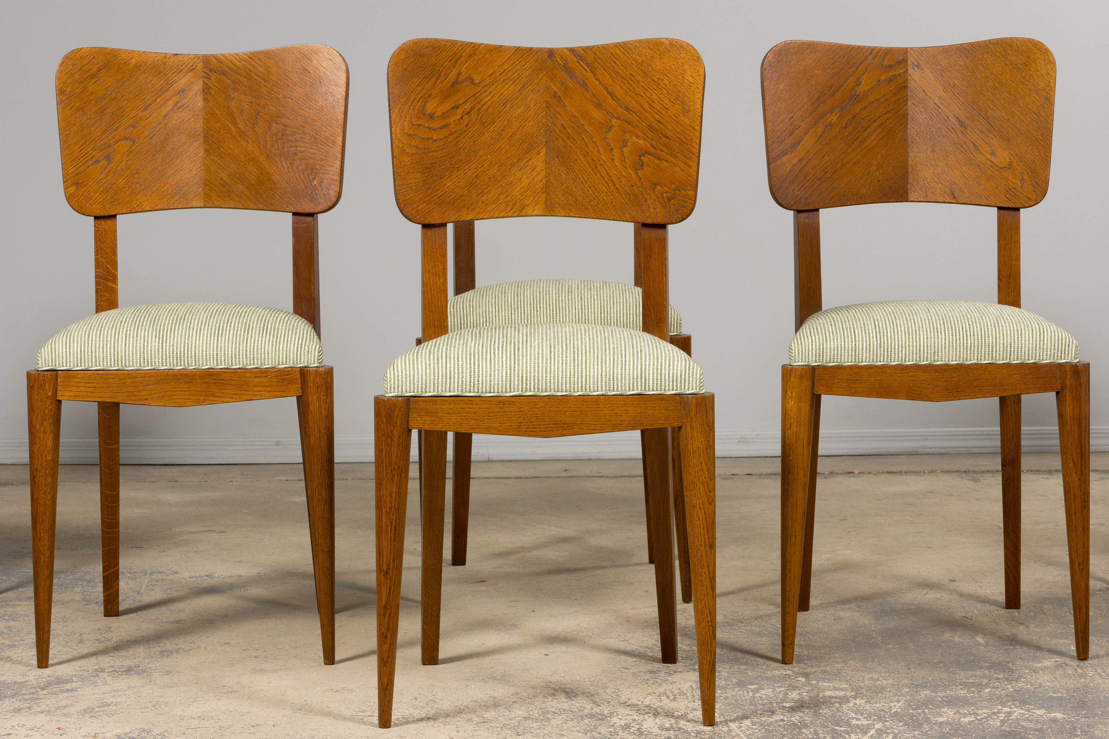 Set of Six French Art Deco Dining Chairs, Oak & Chenille, 1930s