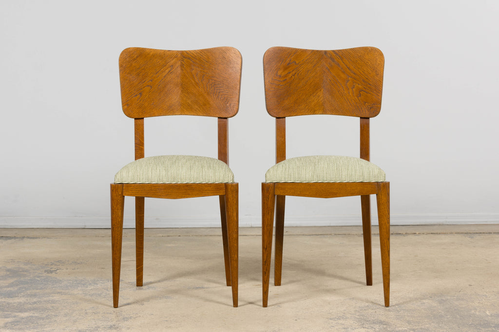Set of Six French Art Deco Dining Chairs, Oak & Chenille, 1930s