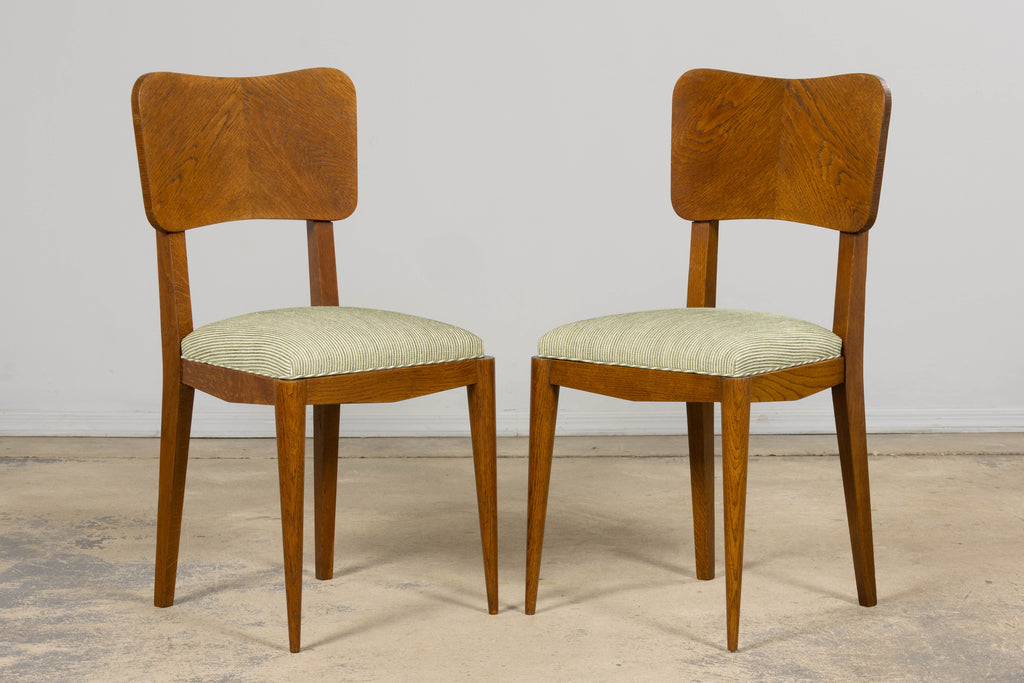 Set of Six French Art Deco Dining Chairs, Oak & Chenille, 1930s