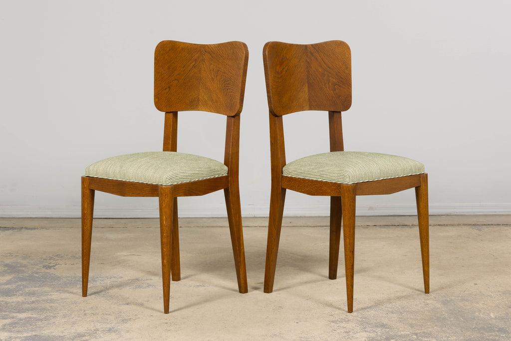 Set of Six French Art Deco Dining Chairs, Oak & Chenille, 1930s