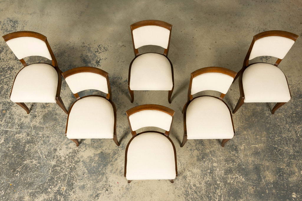 Set of 6 French Art Deco Walnut Dining Chairs in Ivory Ribbed Upholstery, 1930s