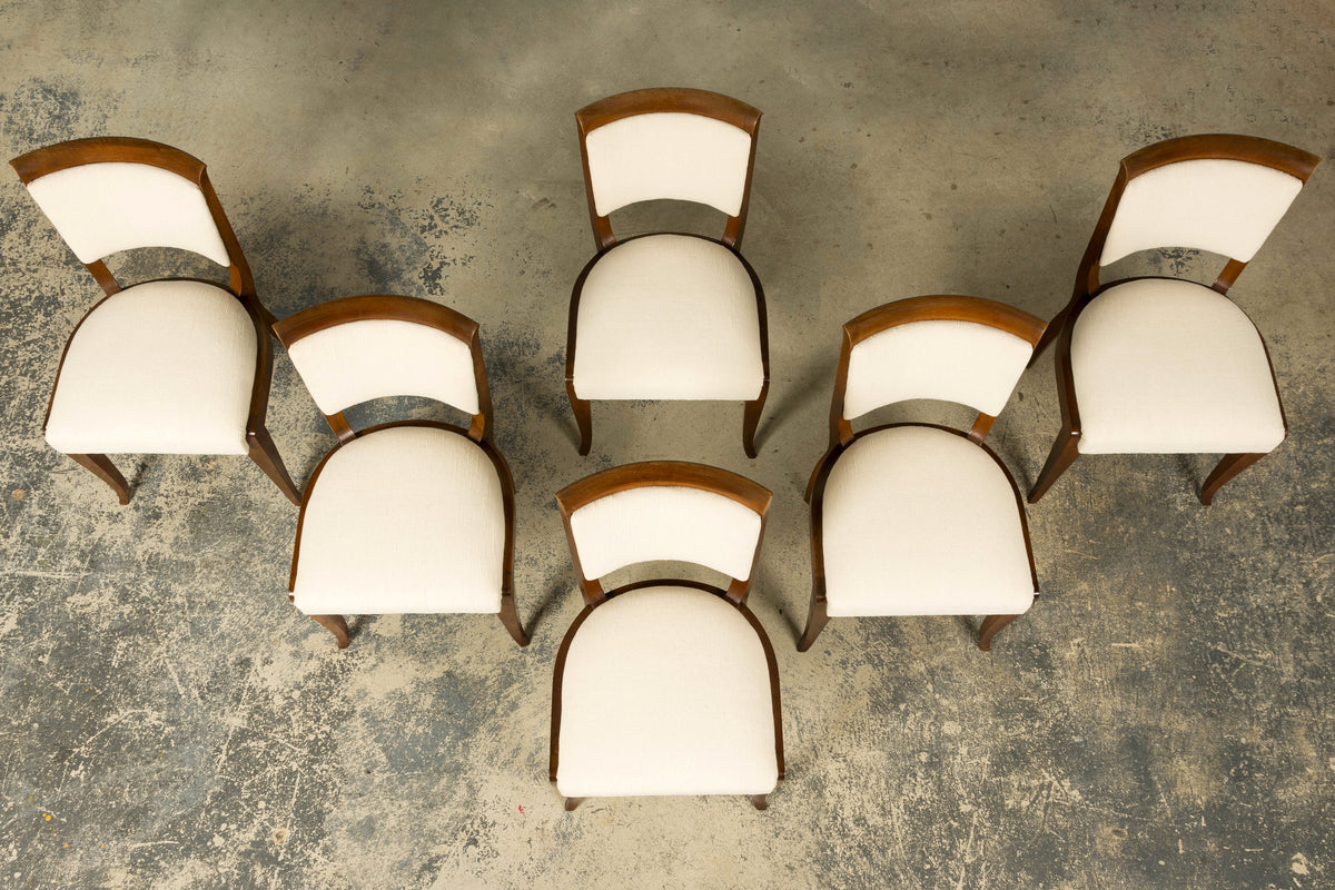 Set of 6 French Art Deco Walnut Dining Chairs in Ivory Ribbed Upholstery, 1930s