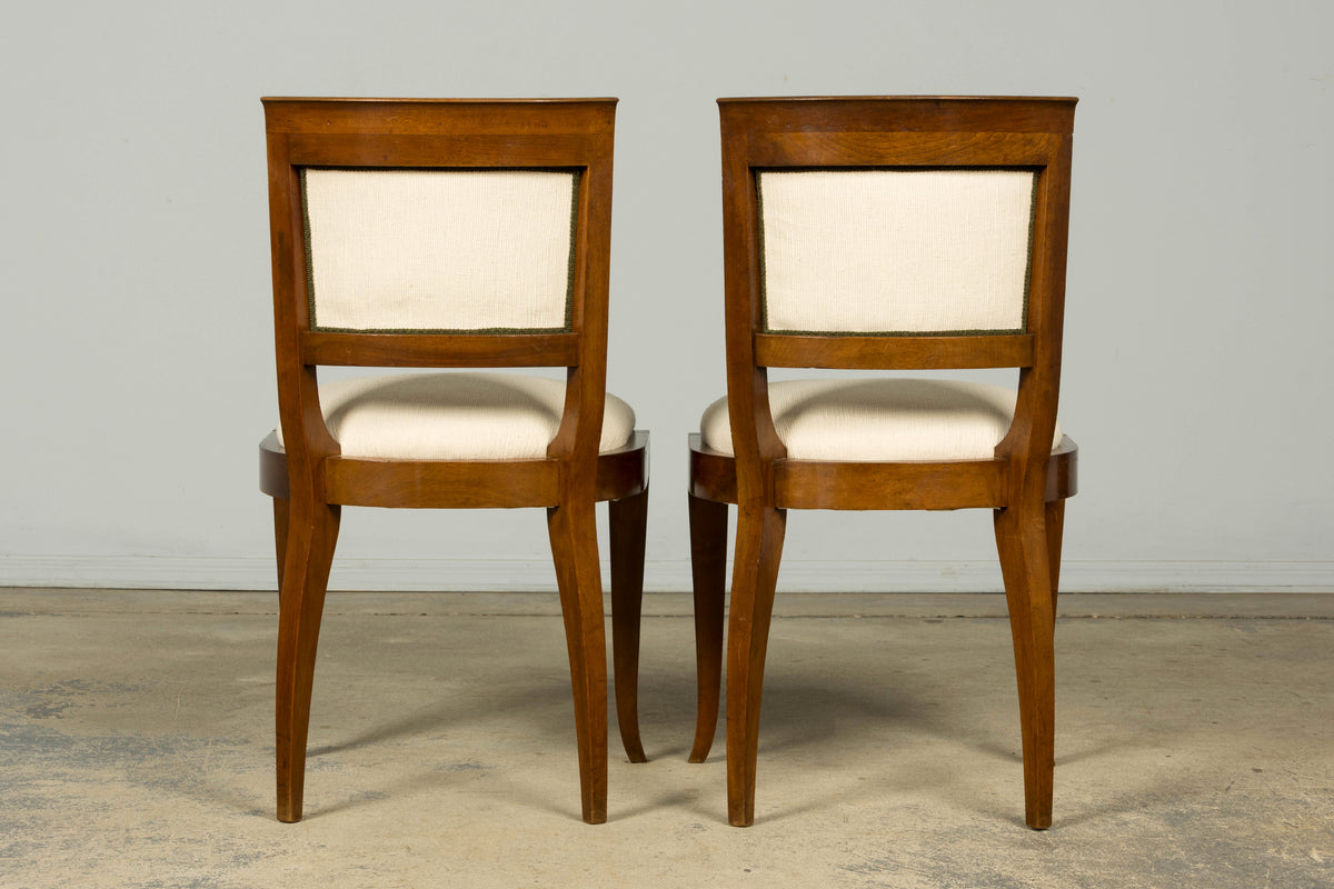 Set of 6 French Art Deco Walnut Dining Chairs in Ivory Ribbed Upholstery, 1930s