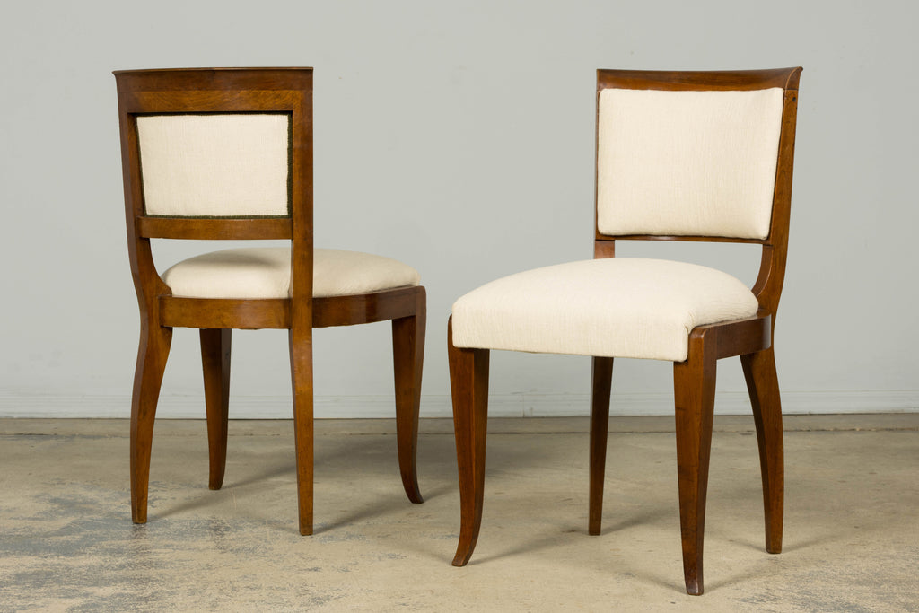 Set of 6 French Art Deco Walnut Dining Chairs in Ivory Ribbed Upholstery, 1930s