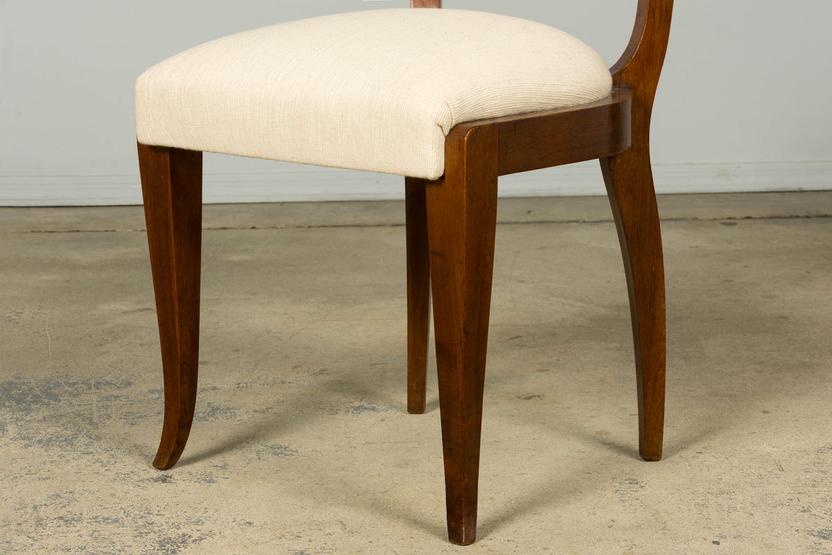 Set of 6 French Art Deco Walnut Dining Chairs in Ivory Ribbed Upholstery, 1930s