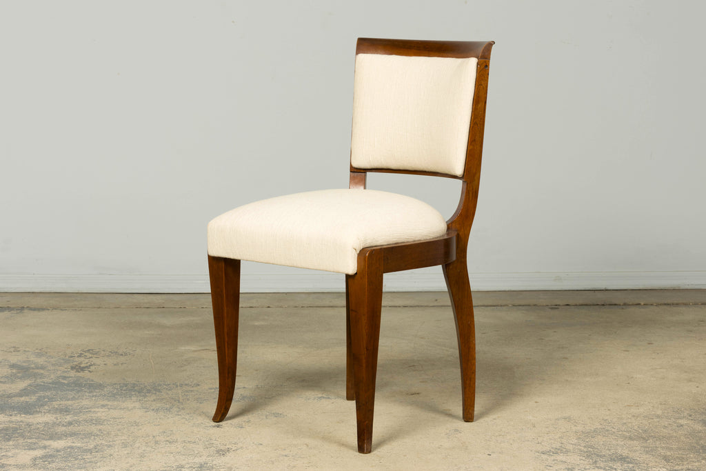 Set of 6 French Art Deco Walnut Dining Chairs in Ivory Ribbed Upholstery, 1930s