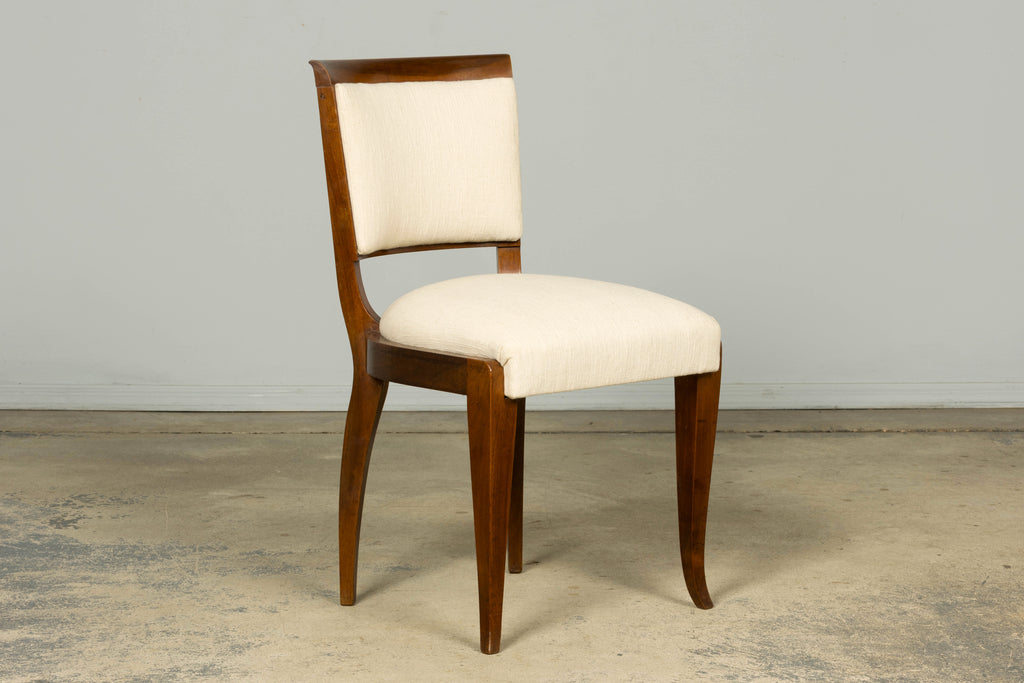Set of 6 French Art Deco Walnut Dining Chairs in Ivory Ribbed Upholstery, 1930s