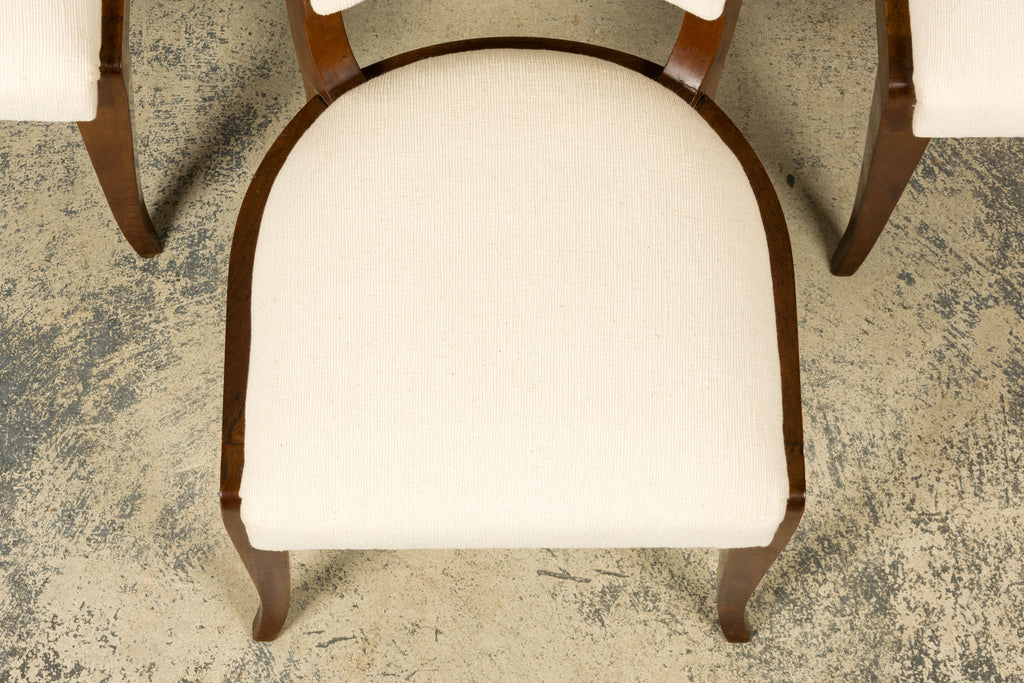 Set of 6 French Art Deco Walnut Dining Chairs in Ivory Ribbed Upholstery, 1930s