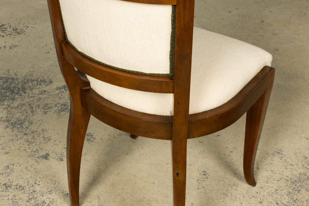 Set of 6 French Art Deco Walnut Dining Chairs in Ivory Ribbed Upholstery, 1930s