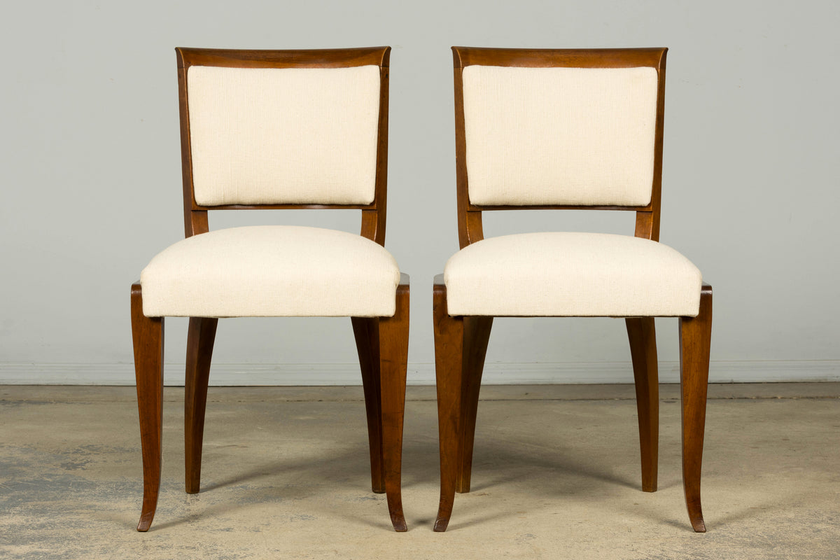 Set of 6 French Art Deco Walnut Dining Chairs in Ivory Ribbed Upholstery, 1930s