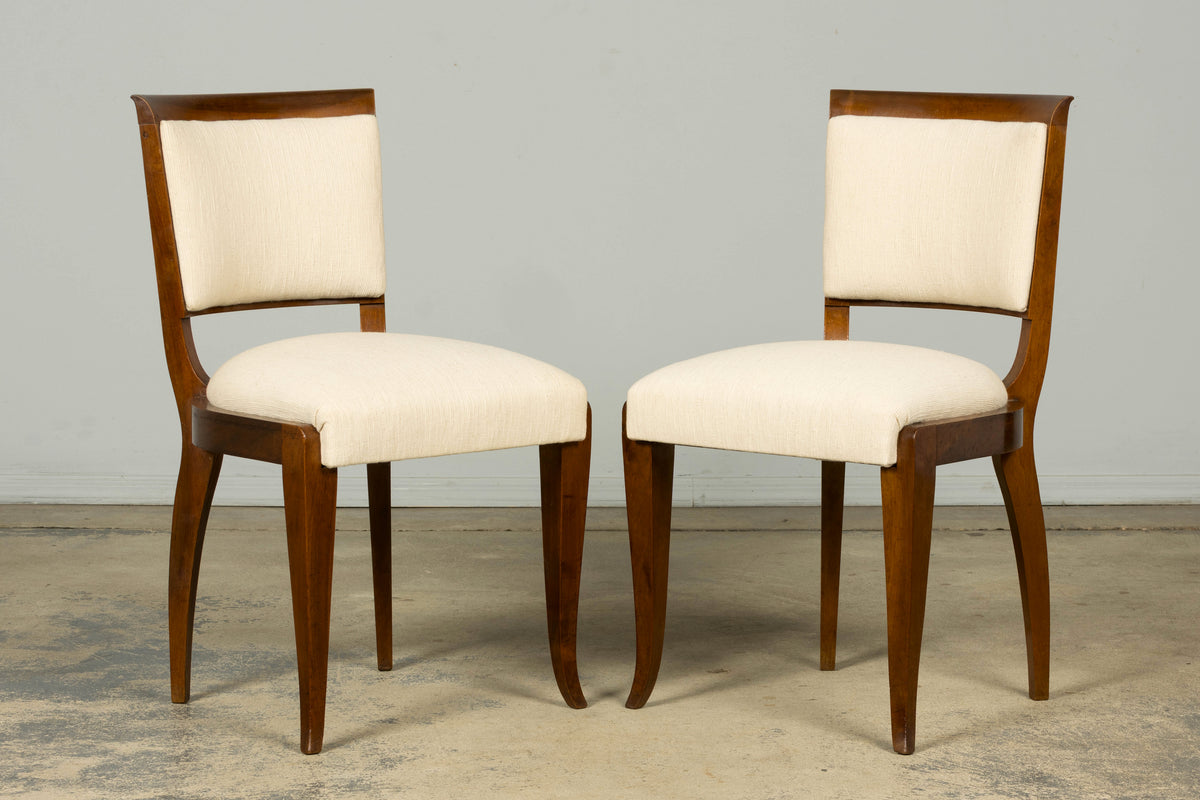 Set of 6 French Art Deco Walnut Dining Chairs in Ivory Ribbed Upholstery, 1930s