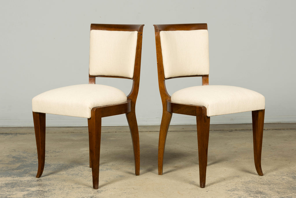 Set of 6 French Art Deco Walnut Dining Chairs in Ivory Ribbed Upholstery, 1930s
