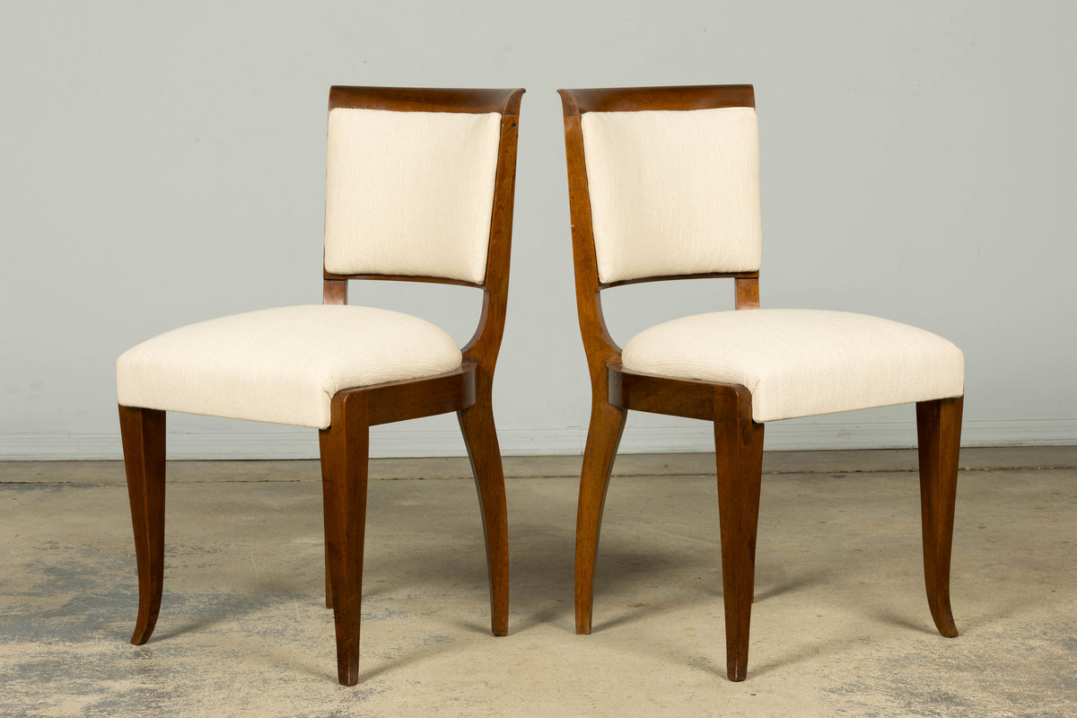 Set of 6 French Art Deco Walnut Dining Chairs in Ivory Ribbed Upholstery, 1930s