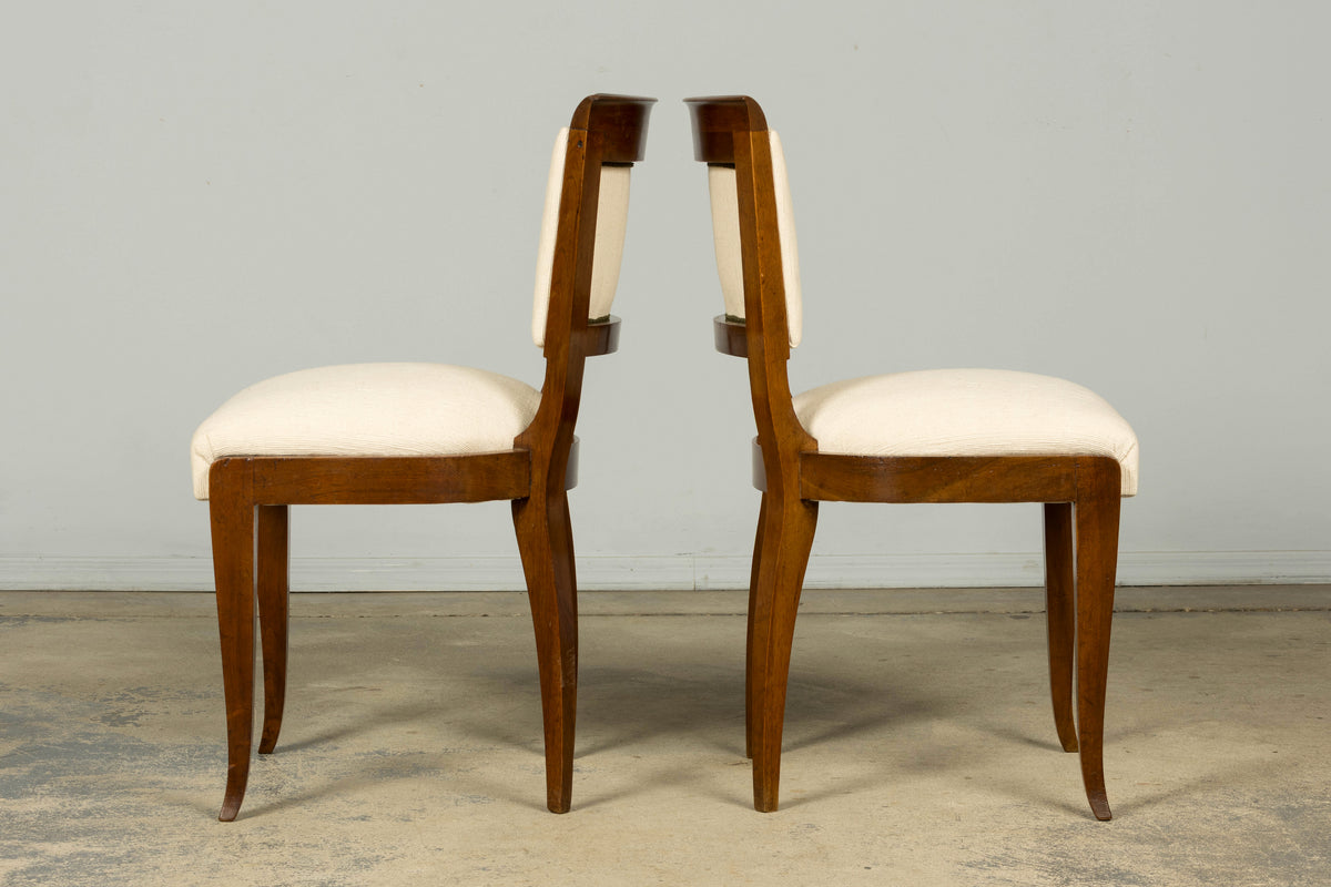 Set of 6 French Art Deco Walnut Dining Chairs in Ivory Ribbed Upholstery, 1930s