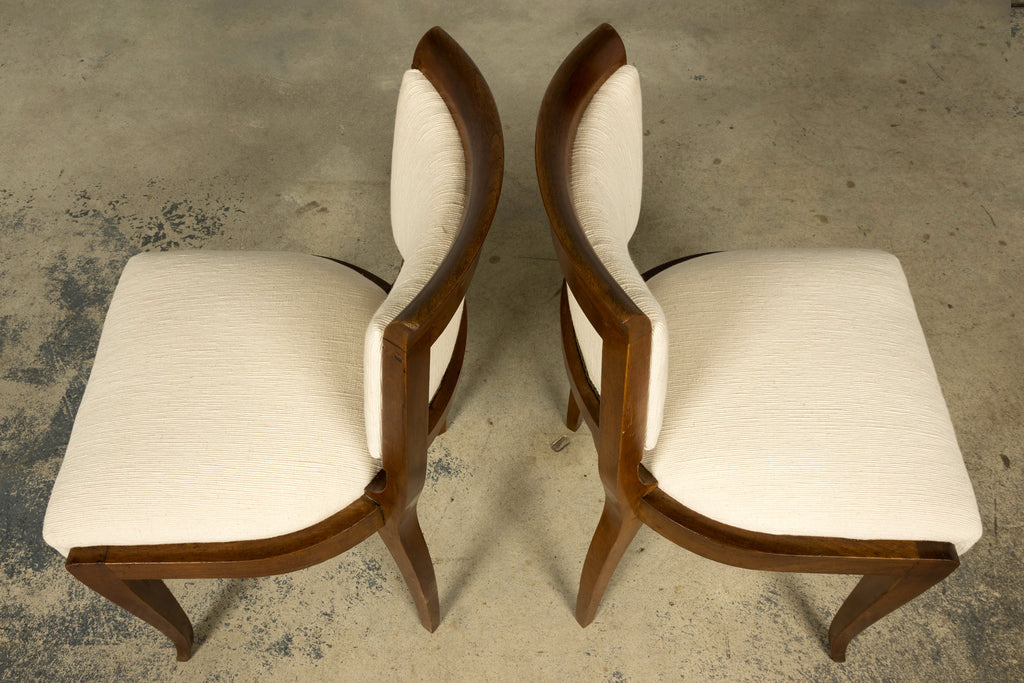 Set of 6 French Art Deco Walnut Dining Chairs in Ivory Ribbed Upholstery, 1930s
