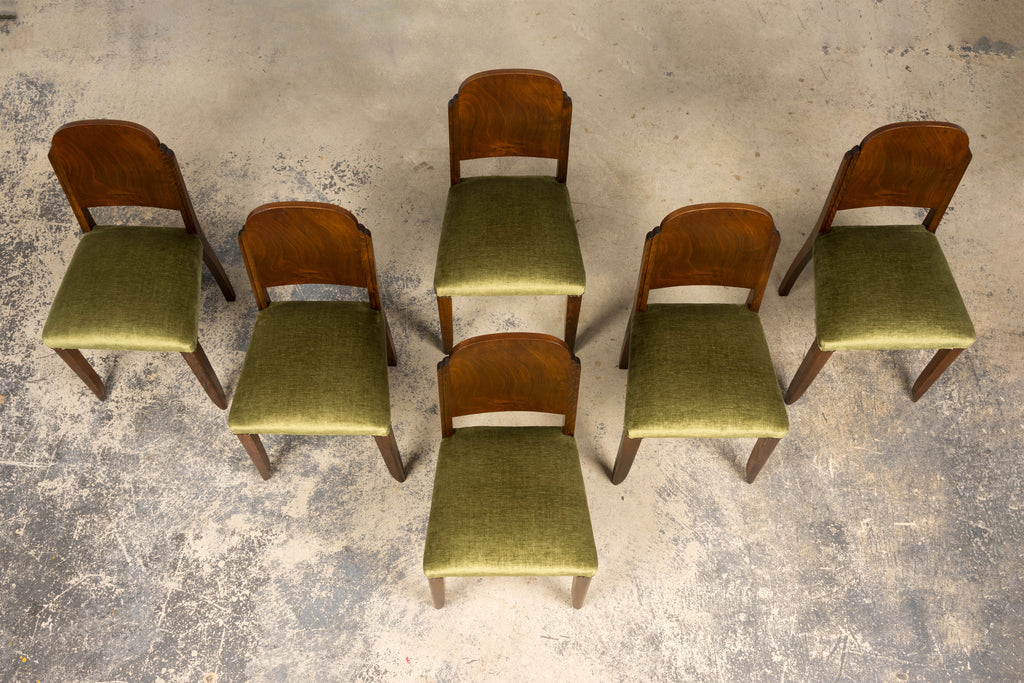 Set of 6 French Art Deco Walnut Dining Chairs in Olive Green Velvet, 1930s