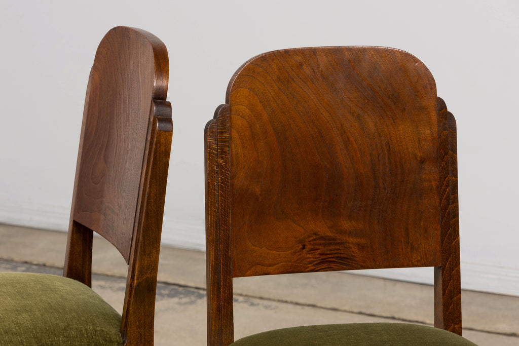 Set of 6 French Art Deco Walnut Dining Chairs in Olive Green Velvet, 1930s