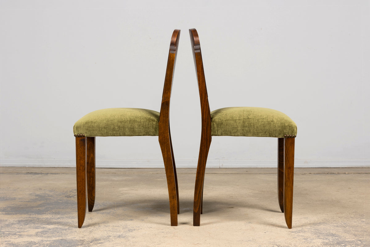 Set of 6 French Art Deco Walnut Dining Chairs in Olive Green Velvet, 1930s